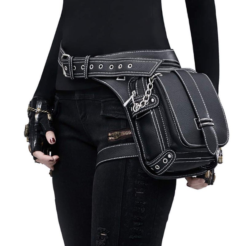 Valentoria Steampunk Waist Bag Fanny Pack Fashion Gothic Leather Shoulder Crossbody Messenger Bags Thigh Leg Hip Holster Purse Travel Pouch Hiking Sport Chain Bags for Women Men - Image 1